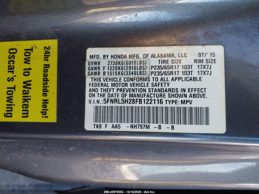 2015 Honda Odyssey Lx VIN: 5FNRL5H28FB122116 Lot: 43970352