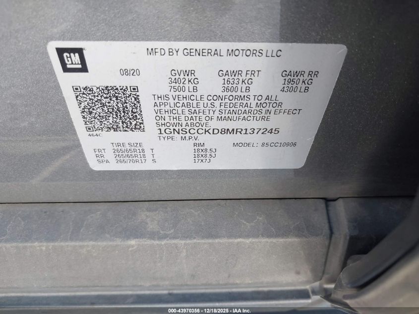 2021 Chevrolet Suburban 2Wd Lt VIN: 1GNSCCKD8MR137245 Lot: 43970356