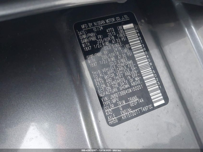 2025 Nissan Rogue Sv Intelligent Awd VIN: JN8BT3BB4SW150231 Lot: 43970357
