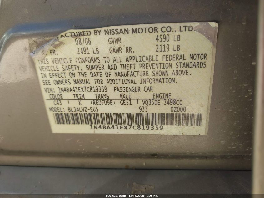 2007 Nissan Maxima 3.5 Se VIN: 1N4BA41EX7C819359 Lot: 43970359