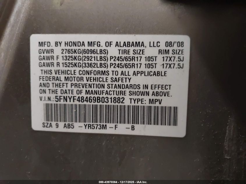 2009 Honda Pilot Ex VIN: 5FNYF48469B031882 Lot: 43970364