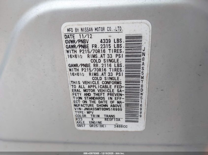 2013 Nissan Rogue S VIN: JN8AS5MT8DW516999 Lot: 43970369