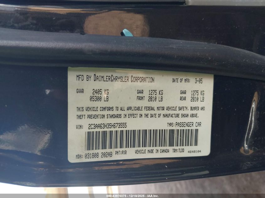 2005 Chrysler 300C VIN: 2C3AA63H35H673555 Lot: 43970375