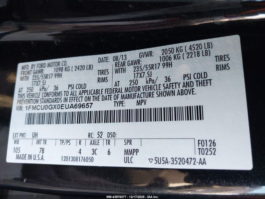 2014 Ford Escape Se VIN: 1FMCU0GX0EUA69657 Lot: 43970377