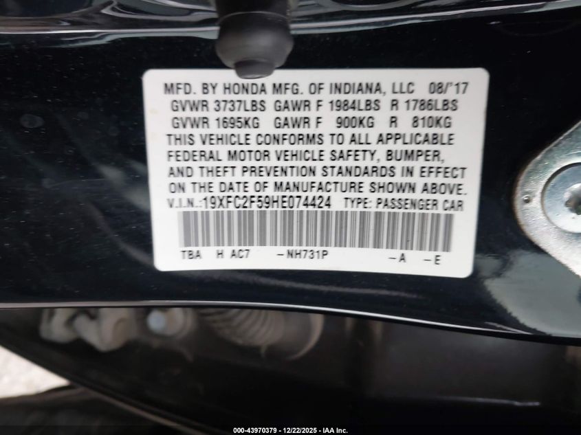 2017 Honda Civic Lx VIN: 19XFC2F59HE074424 Lot: 43970379