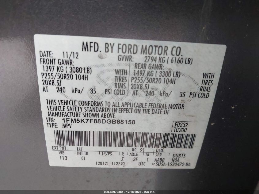 2013 Ford Explorer Limited VIN: 1FM5K7F88DGB68158 Lot: 43970381