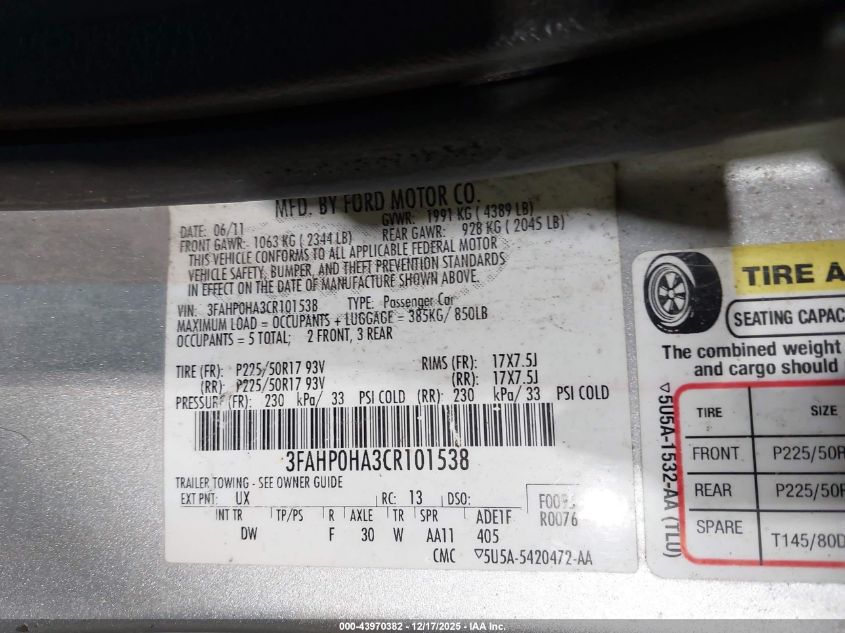 2012 Ford Fusion Se VIN: 3FAHP0HA3CR101538 Lot: 43970382