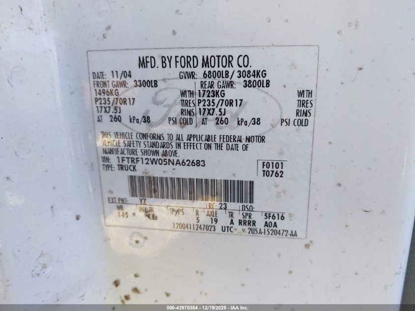 2005 Ford F-150 Stx/Xl/Xlt VIN: 1FTRF12W05NA62683 Lot: 43970384