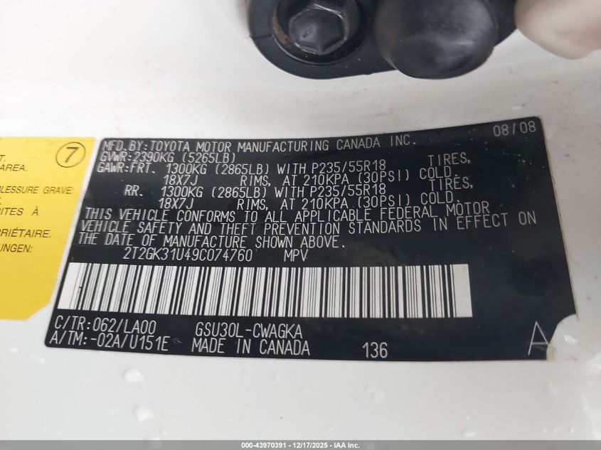 2009 Lexus Rx 350 VIN: 2T2GK31U49C074760 Lot: 43970391