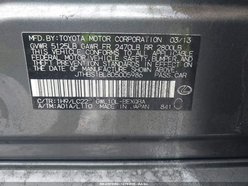 2013 Lexus Gs 450H VIN: JTHBS1BL8D5005986 Lot: 43970394