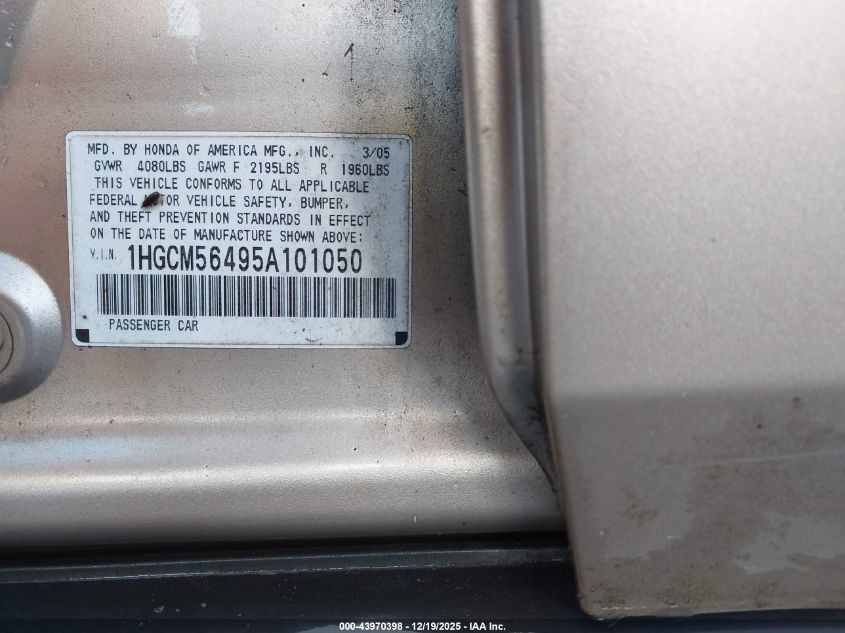 2005 Honda Accord 2.4 Lx VIN: 1HGCM56495A101050 Lot: 43970398