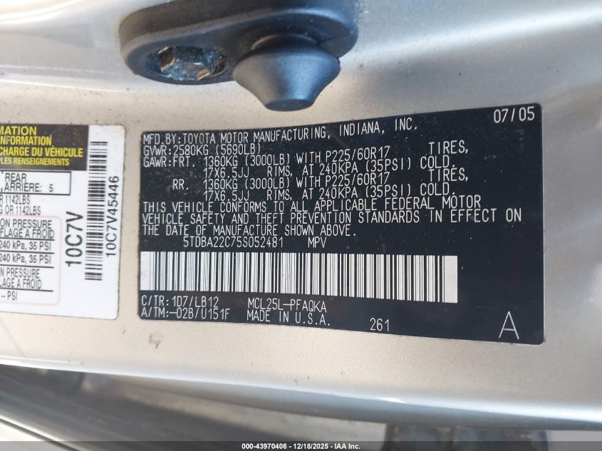 2005 Toyota Sienna Xle VIN: 5TDBA22C75S052481 Lot: 43970406