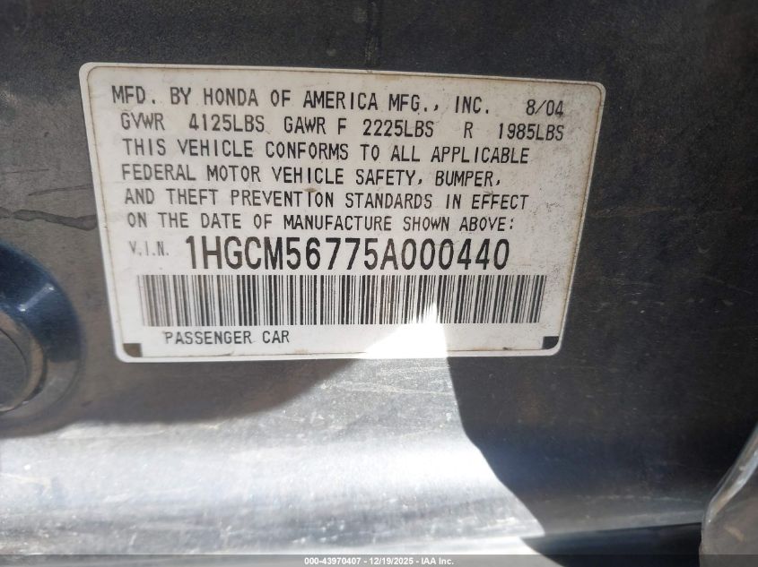 2005 Honda Accord 2.4 Ex VIN: 1HGCM56775A000440 Lot: 43970407