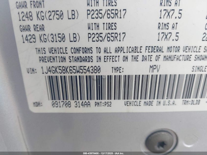 2005 Jeep Liberty Limited Edition VIN: 1J4GK58K65W554380 Lot: 43970408