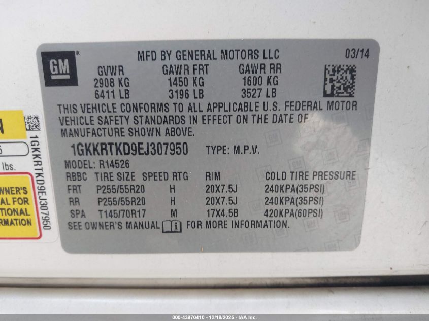 2014 GMC Acadia Denali VIN: 1GKKRTKD9EJ307950 Lot: 43970410