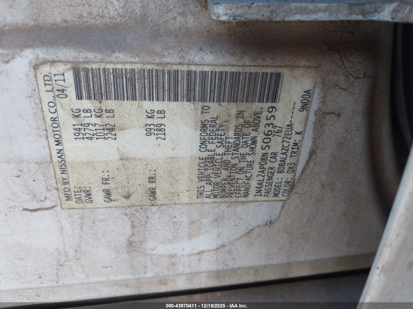 2011 Nissan Altima 2.5 VIN: 1N4AL2AP0BN506359 Lot: 43970411
