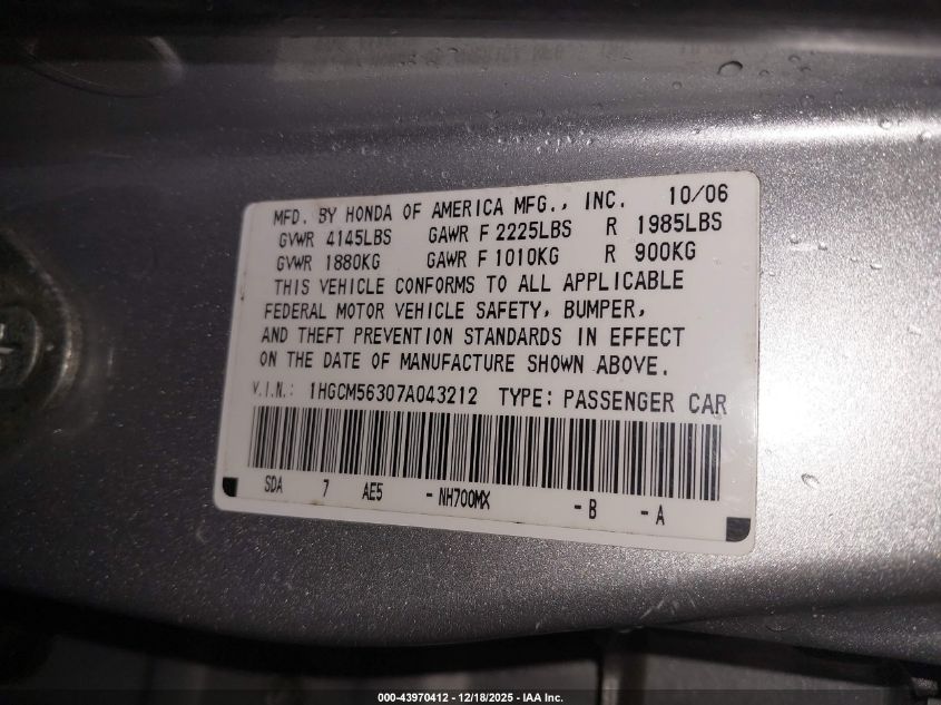 2007 Honda Accord 2.4 Se VIN: 1HGCM56307A043212 Lot: 43970412