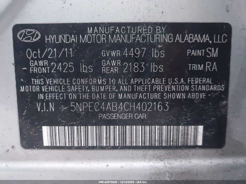 2012 Hyundai Sonata Limited 2.0T VIN: 5NPEC4AB4CH402163 Lot: 43970420