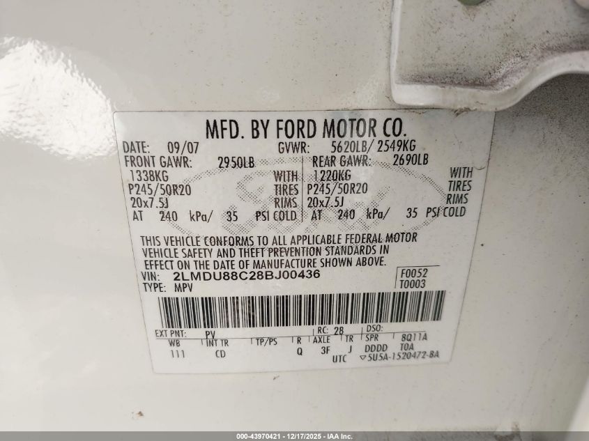 2008 Lincoln Mkx VIN: 2LMDU88C28BJ00436 Lot: 43970421