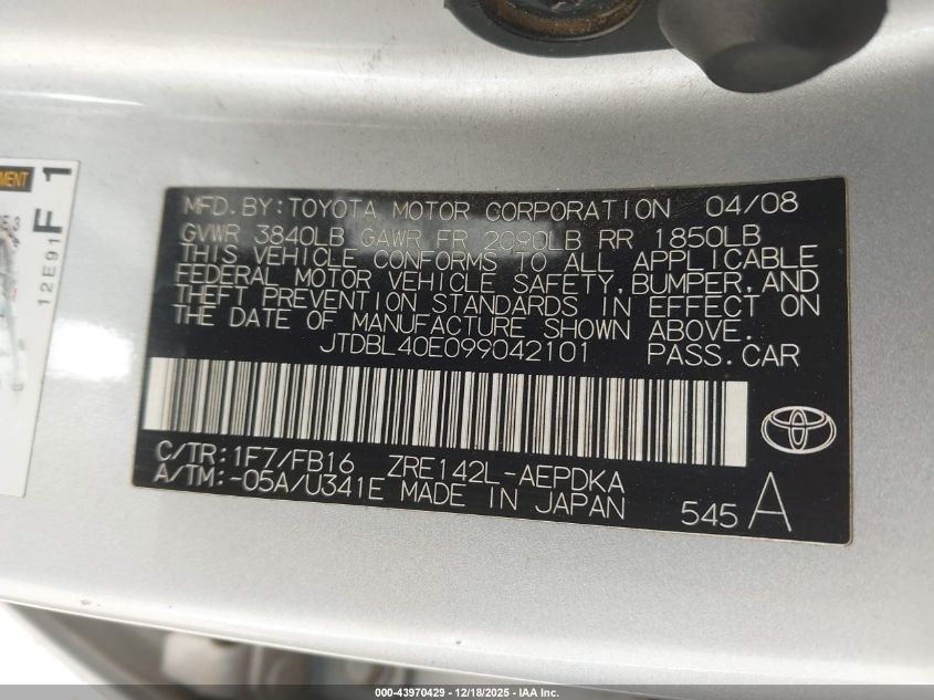 2009 Toyota Corolla Le VIN: JTDBL40E099042101 Lot: 43970429