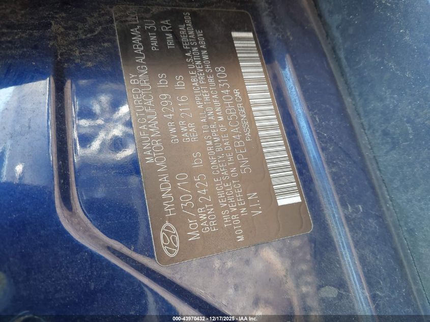 2011 Hyundai Sonata Gls VIN: 5NPEB4AC5BH043108 Lot: 43970432