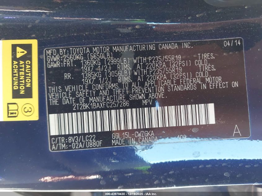 2015 Lexus Rx 350 F Sport VIN: 2T2BK1BAXFC257286 Lot: 43970430