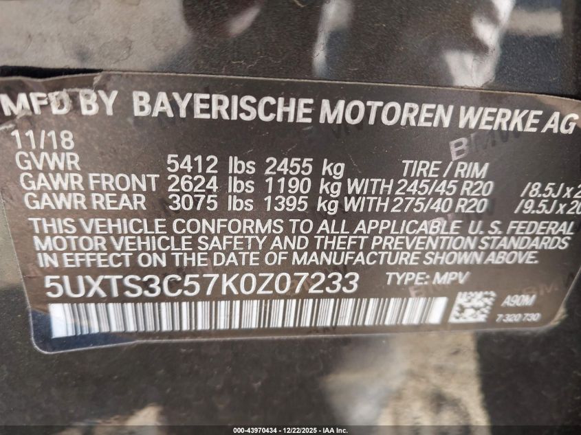 2019 BMW X3 M40I VIN: 5UXTS3C57K0Z07233 Lot: 43970434