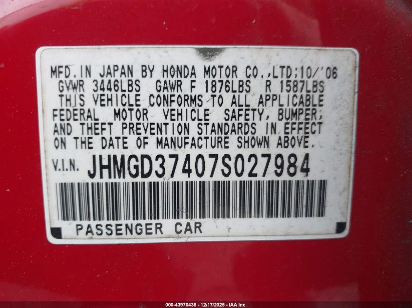 2007 Honda Fit VIN: JHMGD37407S027984 Lot: 43970438