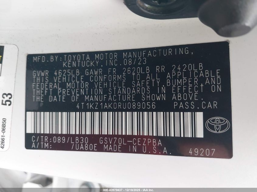 2024 Toyota Camry Xse V6 VIN: 4T1KZ1AK0RU089056 Lot: 43970437