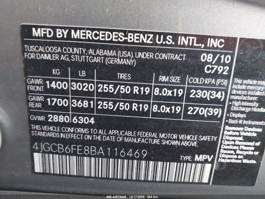 2011 Mercedes-Benz R 350 4Matic VIN: 4JGCB6FE8BA116469 Lot: 43970446