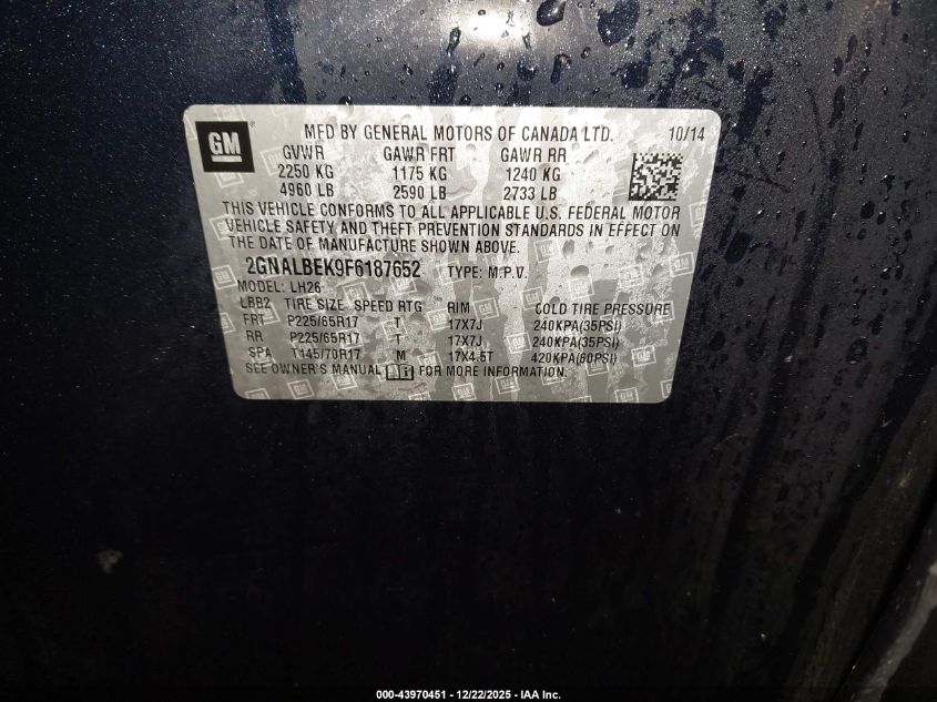 2015 Chevrolet Equinox 1Lt VIN: 2GNALBEK9F6187652 Lot: 43970451