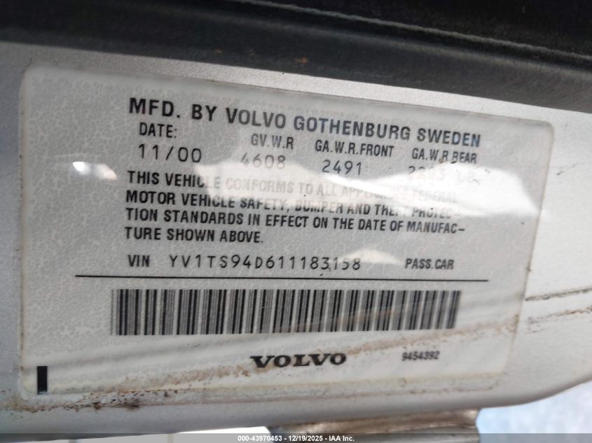 2001 Volvo S80 2.9 VIN: YV1TS94D611183158 Lot: 43970453