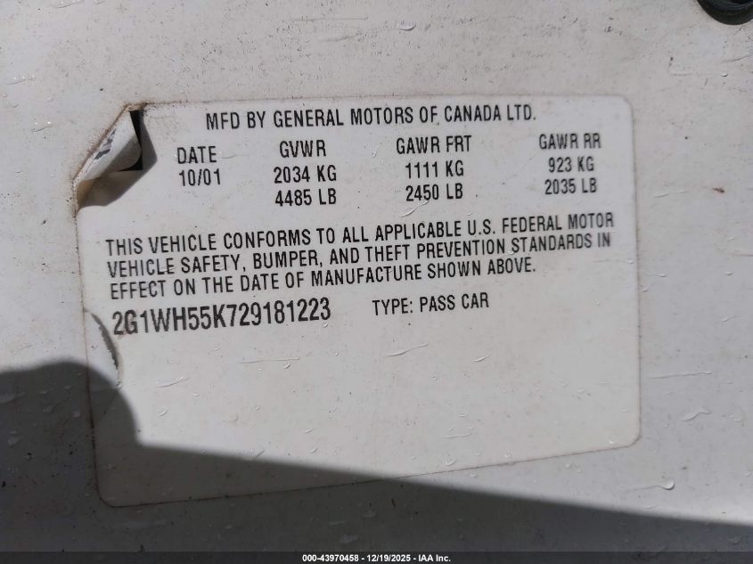 2002 Chevrolet Impala Ls VIN: 2G1WH55K729181223 Lot: 43970458