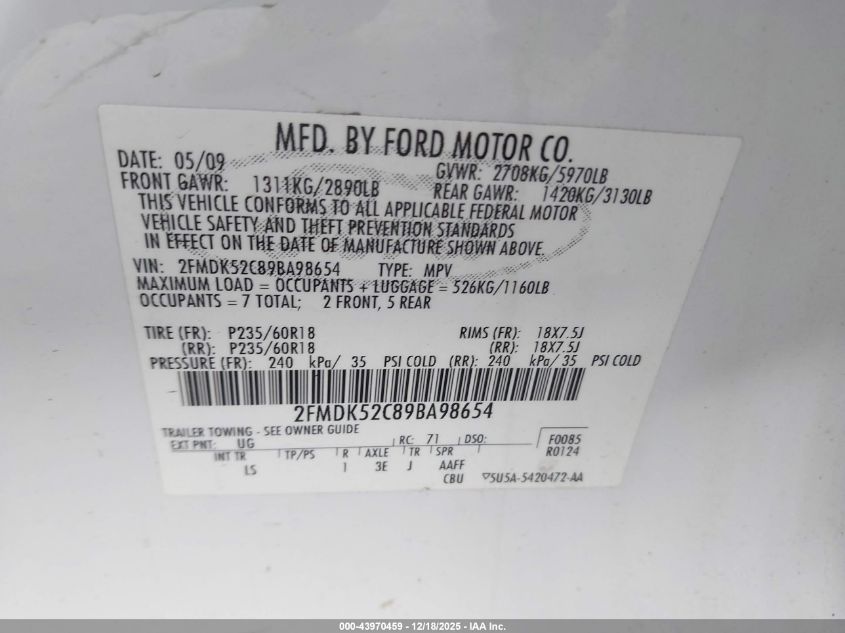 2009 Ford Flex Sel VIN: 2FMDK52C89BA98654 Lot: 43970459