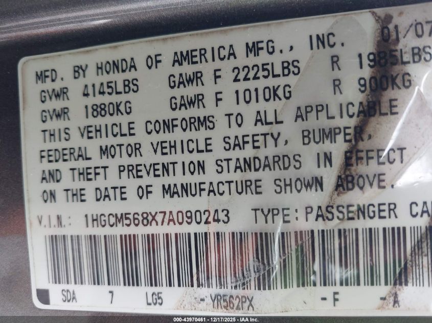 2007 Honda Accord 2.4 Ex VIN: 1HGCM568X7A090243 Lot: 43970461