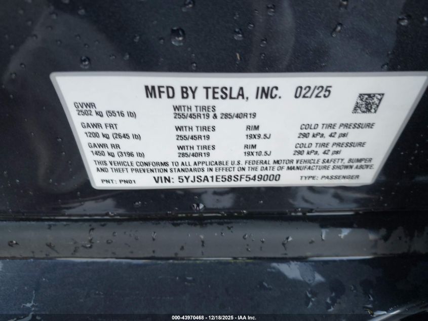 2025 Tesla Model S Rear-Wheel Drive VIN: 5YJSA1E58SF549000 Lot: 43970468