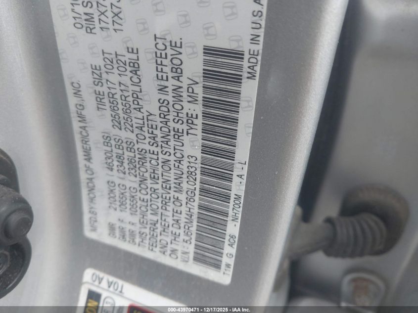 2016 Honda Cr-V Ex-L VIN: 5J6RM4H76GL028313 Lot: 43970471