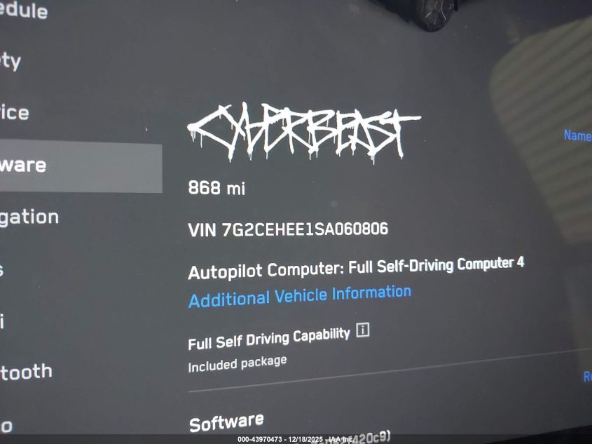 2025 Tesla Cybertruck Cyberbeast VIN: 7G2CEHEE1SA060806 Lot: 43970473