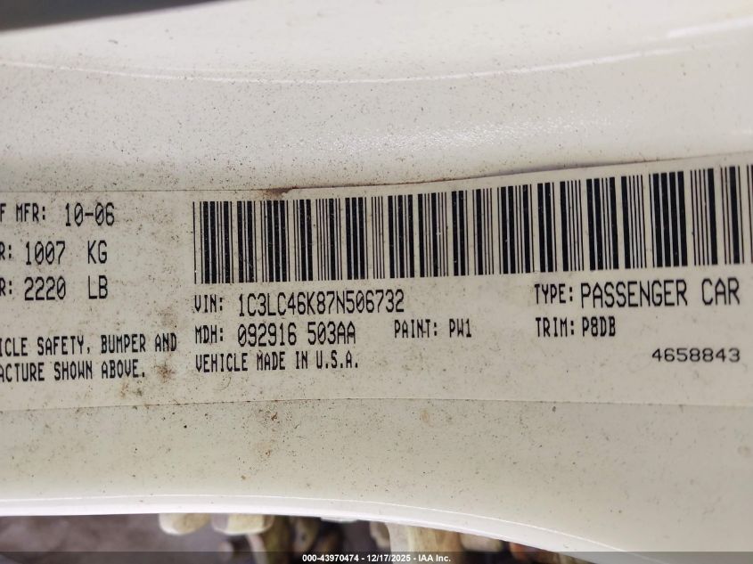 2007 Chrysler Sebring VIN: 1C3LC46K87N506732 Lot: 43970474