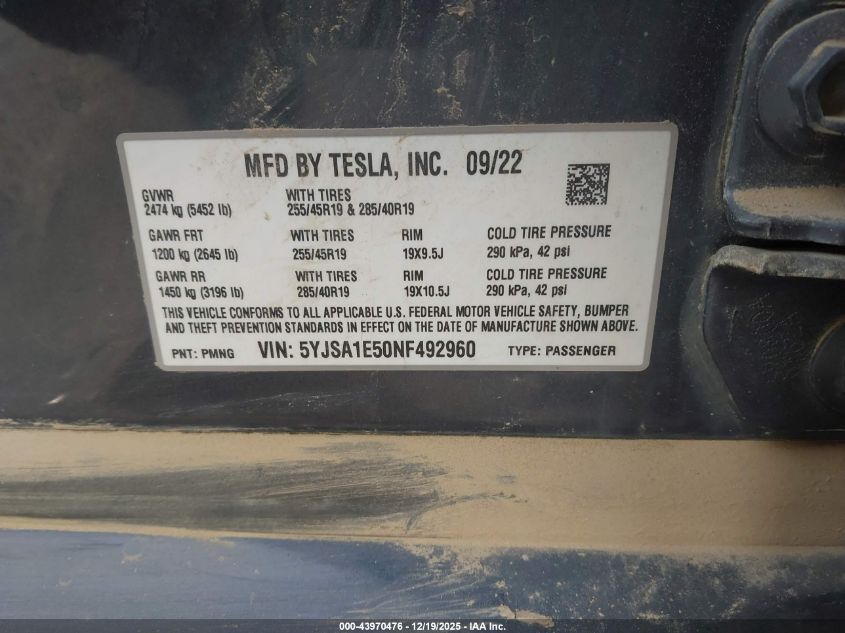 2022 Tesla Model S Dual Motor All-Wheel Drive VIN: 5YJSA1E50NF492960 Lot: 43970476