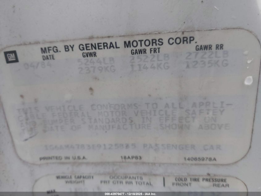 1984 Cadillac Deville VIN: 1G6AM4783E9125835 Lot: 43970477