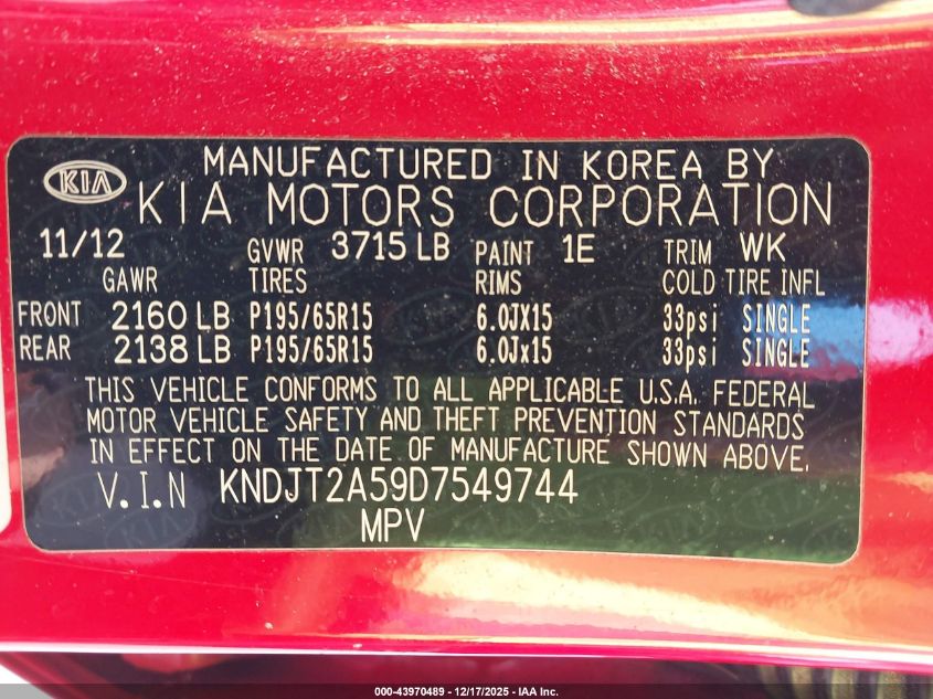 2013 Kia Soul VIN: KNDJT2A59D7549744 Lot: 43970489