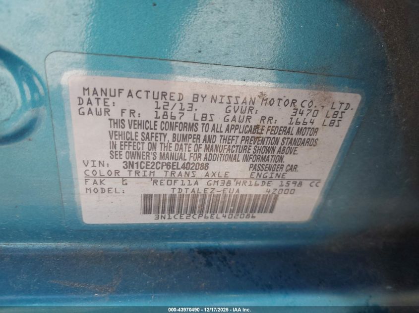 2014 Nissan Versa Note S (Sr)/S Plus/Sv VIN: 3N1CE2CP6EL402086 Lot: 43970490