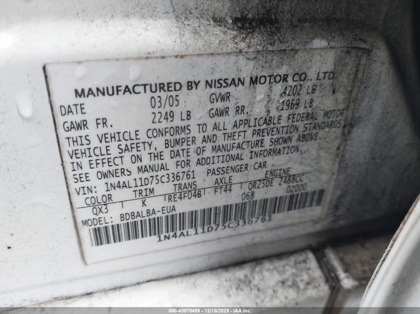 2005 Nissan Altima 2.5 S VIN: 1N4AL11D75C336761 Lot: 43970496