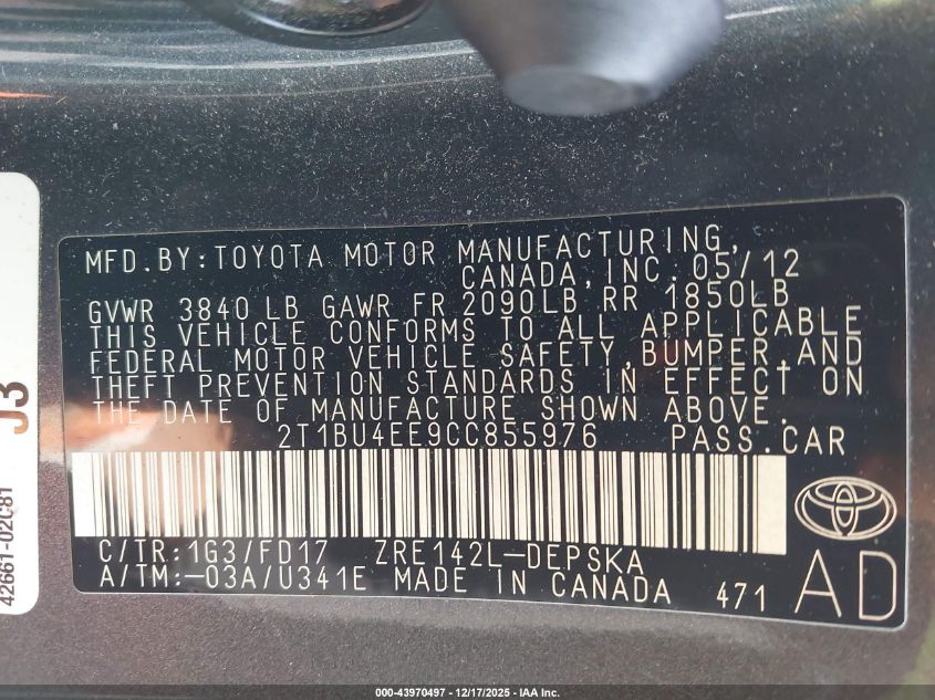 2012 Toyota Corolla S VIN: 2T1BU4EE9CC855976 Lot: 43970497