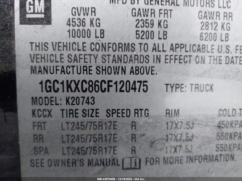 2012 Chevrolet Silverado 2500Hd Lt VIN: 1GC1KXC86CF120475 Lot: 43970498