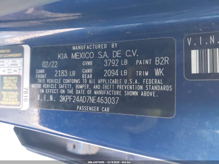 2022 Kia Forte Lxs VIN: 3KPF24AD7NE463037 Lot: 43970499