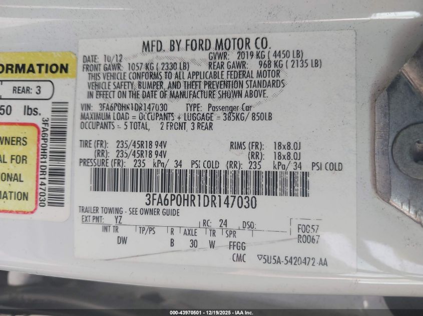 2013 Ford Fusion Se VIN: 3FA6P0HR1DR147030 Lot: 43970501