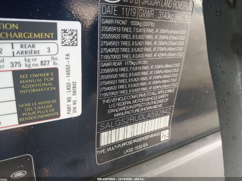 2020 Land Rover Range Rover Hse VIN: SALGS2RU0LA592842 Lot: 43970502