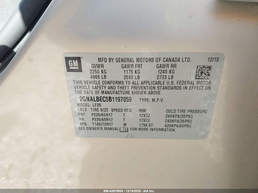 2011 Chevrolet Equinox Ls VIN: 2GNALBEC5B1197059 Lot: 43970504